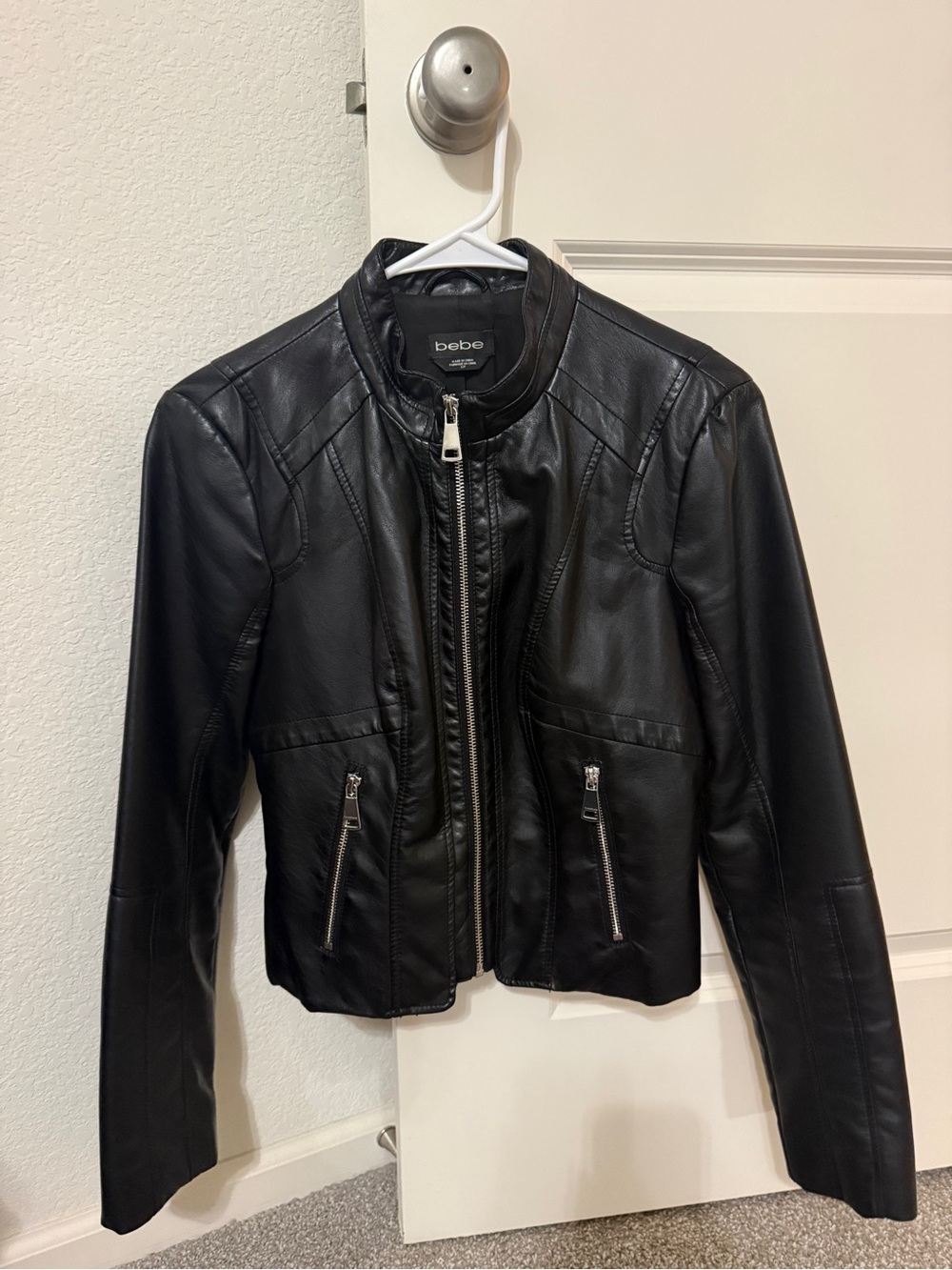 BEBE Black Faux Leather Moto Jacket with Front Zip Closure & Zip Pockets - SMALL